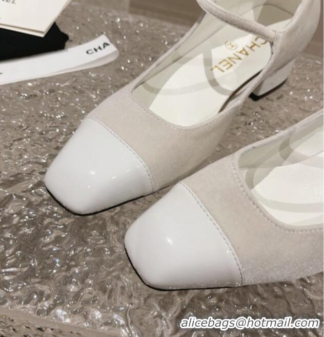 Cute Chanel Velvet & Patent Leather Mary Janes Pumps White 728057