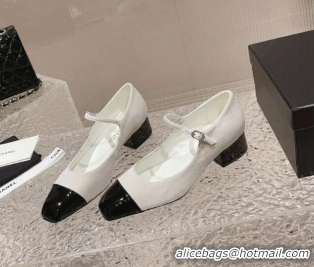 Best Grade Chanel Velvet & Patent Leather Mary Janes Pumps White/Black 728058