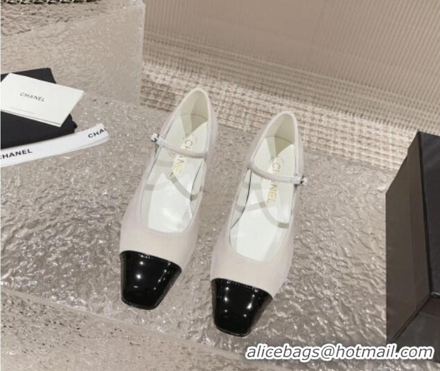 Best Grade Chanel Velvet & Patent Leather Mary Janes Pumps White/Black 728058