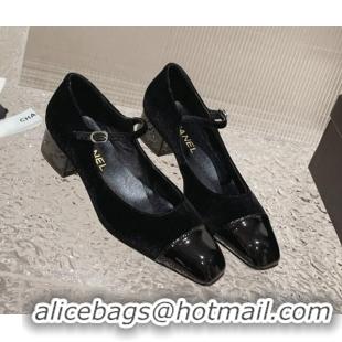 New Design Chanel Velvet & Patent Leather Mary Janes Pumps Black 728059