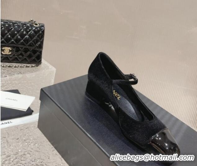 New Design Chanel Velvet & Patent Leather Mary Janes Pumps Black 728059