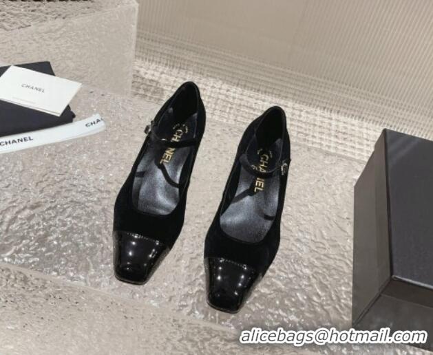 New Design Chanel Velvet & Patent Leather Mary Janes Pumps Black 728059