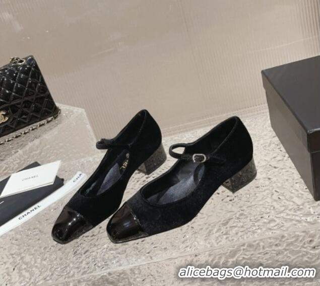 New Design Chanel Velvet & Patent Leather Mary Janes Pumps Black 728059