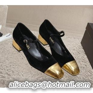 Good Product Chanel Velvet & Patent Leather Mary Janes Pumps Black/Gold 728060