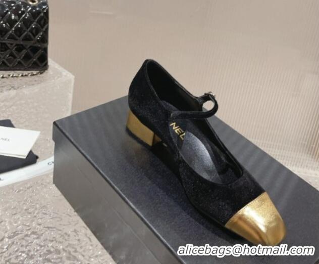 Good Product Chanel Velvet & Patent Leather Mary Janes Pumps Black/Gold 728060