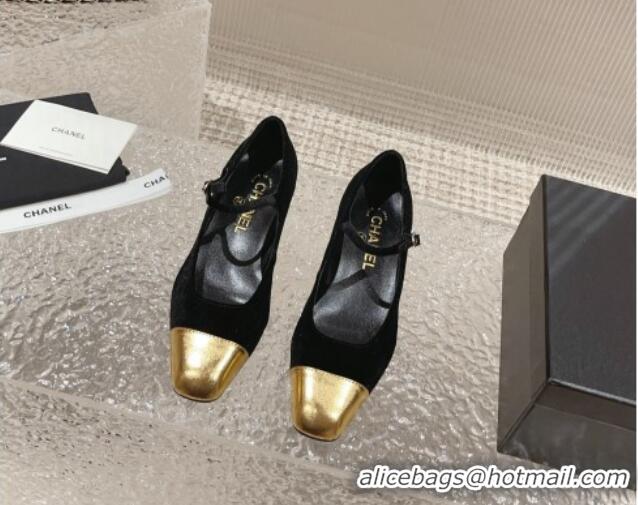 Good Product Chanel Velvet & Patent Leather Mary Janes Pumps Black/Gold 728060