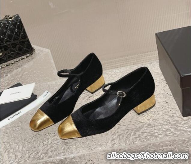 Good Product Chanel Velvet & Patent Leather Mary Janes Pumps Black/Gold 728060