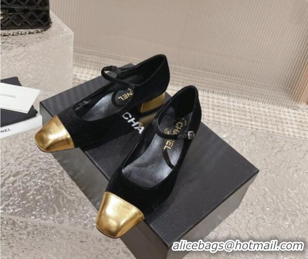 Good Product Chanel Velvet & Patent Leather Mary Janes Pumps Black/Gold 728060