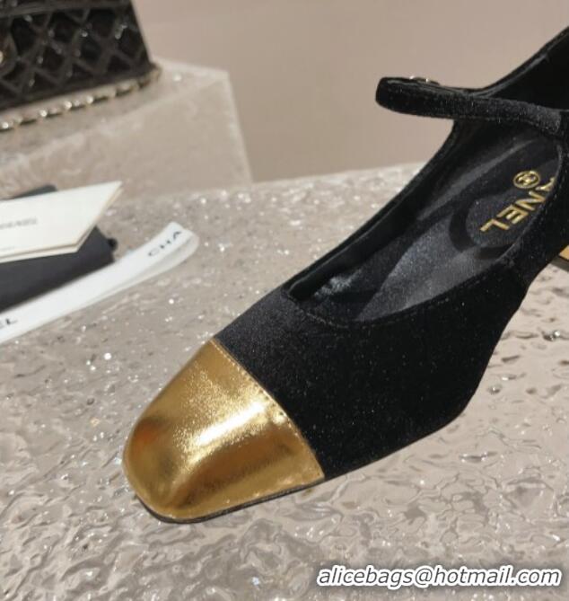 Good Product Chanel Velvet & Patent Leather Mary Janes Pumps Black/Gold 728060