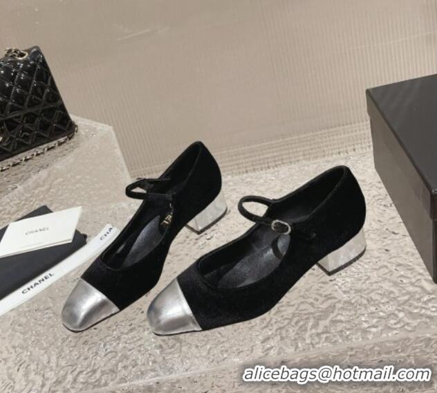 Most Popular Chanel Velvet & Patent Leather Mary Janes Pumps Black/Silver 728061