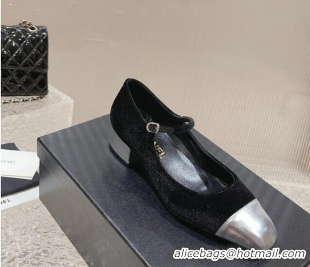 Most Popular Chanel Velvet & Patent Leather Mary Janes Pumps Black/Silver 728061