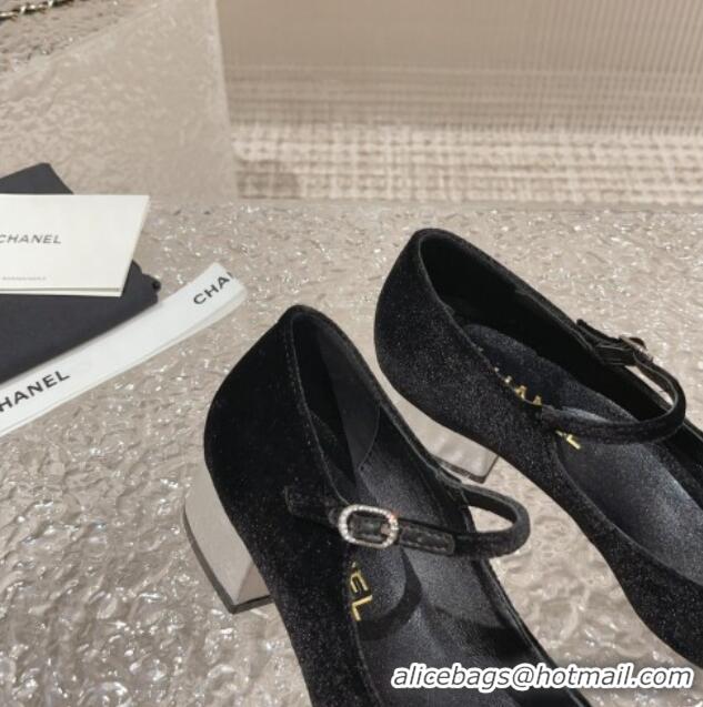 Most Popular Chanel Velvet & Patent Leather Mary Janes Pumps Black/Silver 728061