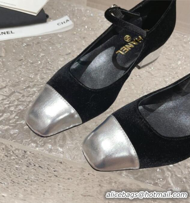 Most Popular Chanel Velvet & Patent Leather Mary Janes Pumps Black/Silver 728061