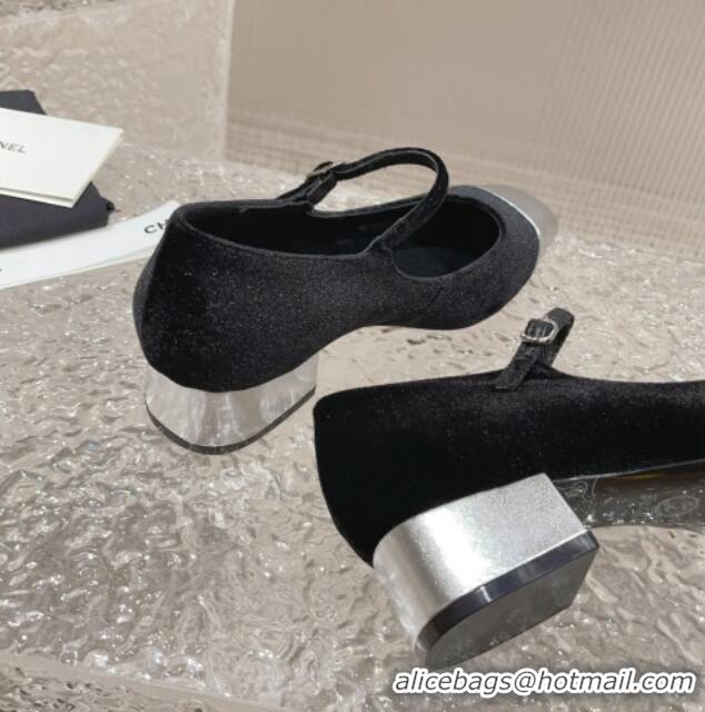 Most Popular Chanel Velvet & Patent Leather Mary Janes Pumps Black/Silver 728061