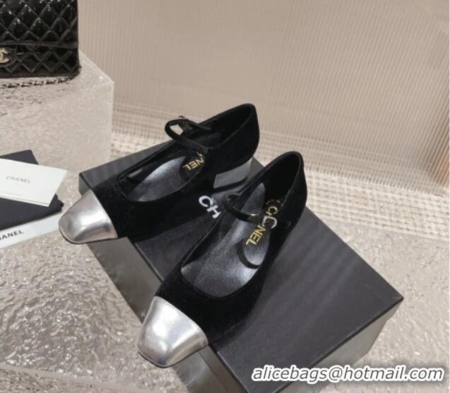 Most Popular Chanel Velvet & Patent Leather Mary Janes Pumps Black/Silver 728061