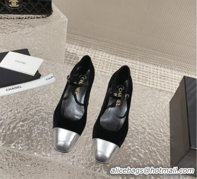 Most Popular Chanel Velvet & Patent Leather Mary Janes Pumps Black/Silver 728061