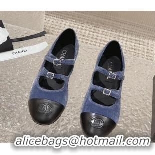 Best Price Chanel Denim & Calfskin Mary Janes Flats with Double Buckle Blue 728063