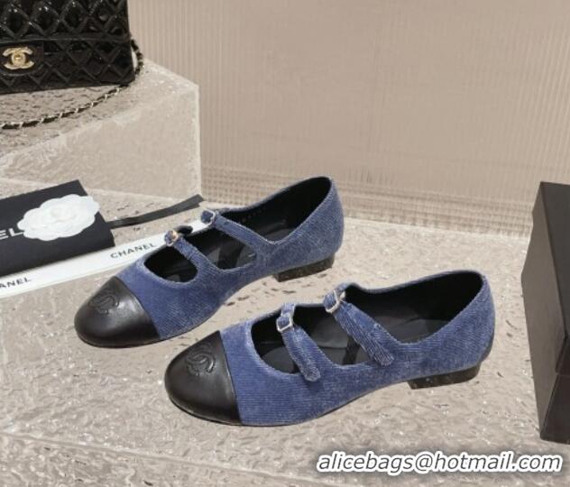 Best Price Chanel Denim & Calfskin Mary Janes Flats with Double Buckle Blue 728063