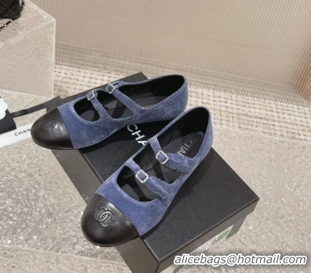 Best Price Chanel Denim & Calfskin Mary Janes Flats with Double Buckle Blue 728063