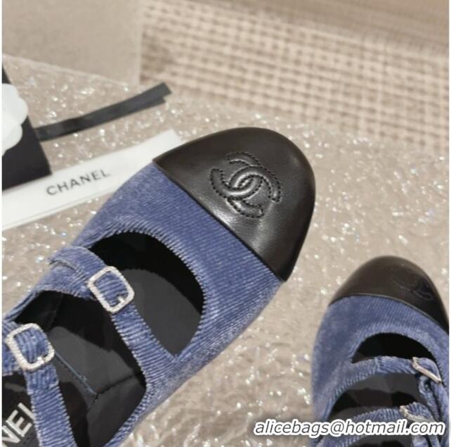 Best Price Chanel Denim & Calfskin Mary Janes Flats with Double Buckle Blue 728063