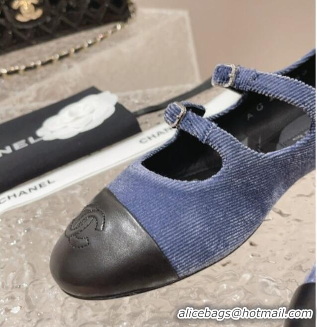 Best Price Chanel Denim & Calfskin Mary Janes Flats with Double Buckle Blue 728063