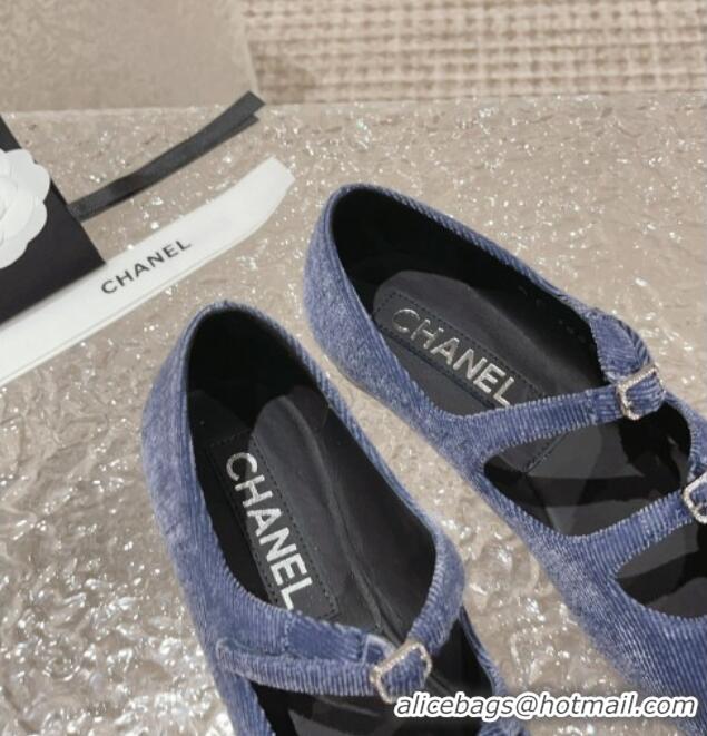 Best Price Chanel Denim & Calfskin Mary Janes Flats with Double Buckle Blue 728063