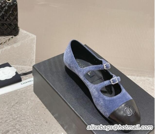 Best Price Chanel Denim & Calfskin Mary Janes Flats with Double Buckle Blue 728063