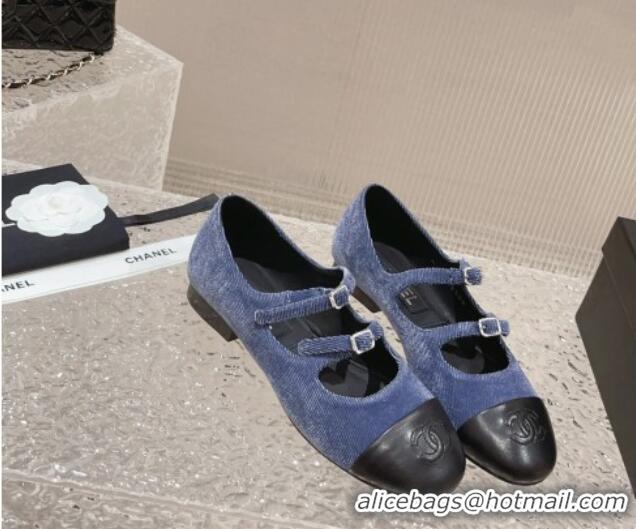 Best Price Chanel Denim & Calfskin Mary Janes Flats with Double Buckle Blue 728063