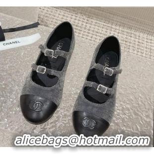 Funny Chanel Denim & Calfskin Mary Janes Flats with Double Buckle Dark Grey 728064