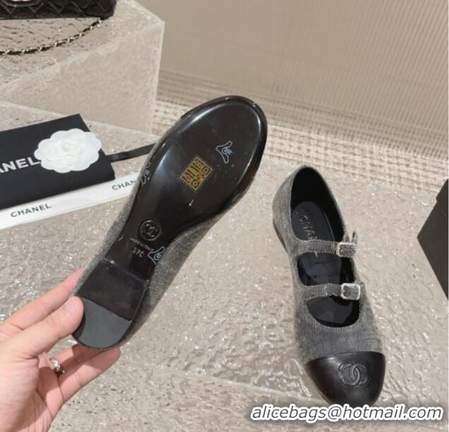 Funny Chanel Denim & Calfskin Mary Janes Flats with Double Buckle Dark Grey 728064