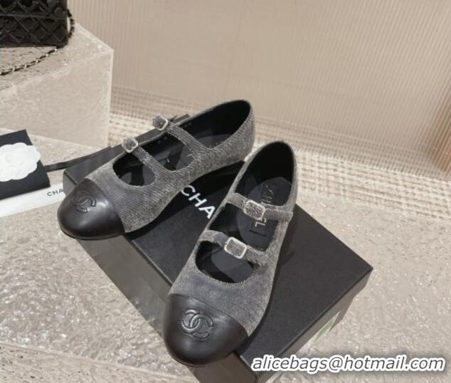 Funny Chanel Denim & Calfskin Mary Janes Flats with Double Buckle Dark Grey 728064