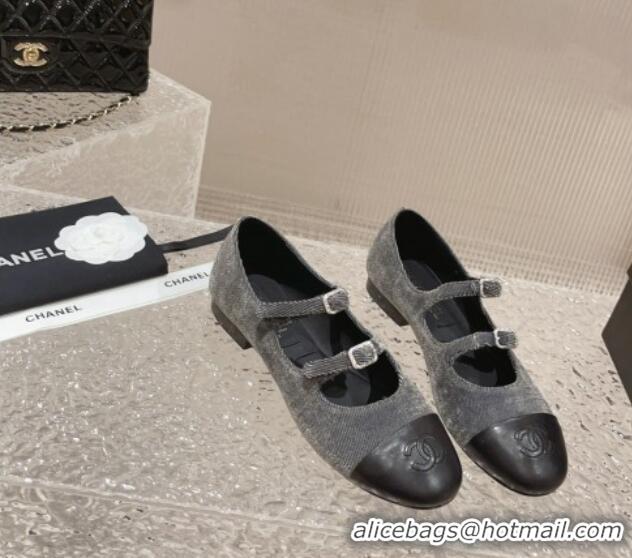 Funny Chanel Denim & Calfskin Mary Janes Flats with Double Buckle Dark Grey 728064