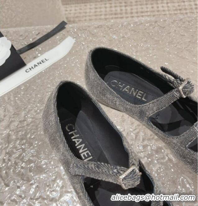 Funny Chanel Denim & Calfskin Mary Janes Flats with Double Buckle Dark Grey 728064