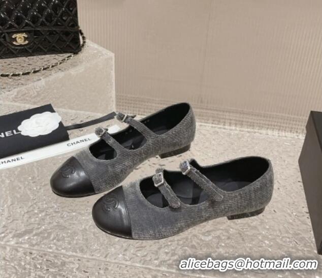 Funny Chanel Denim & Calfskin Mary Janes Flats with Double Buckle Dark Grey 728064