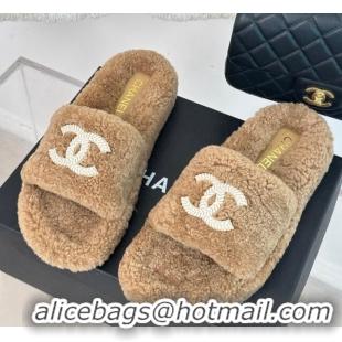 AAAAA Chanel CC Wool Flat Slide Sandals Brown 801053