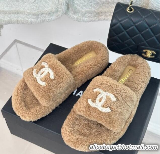 AAAAA Chanel CC Wool Flat Slide Sandals Brown 801053