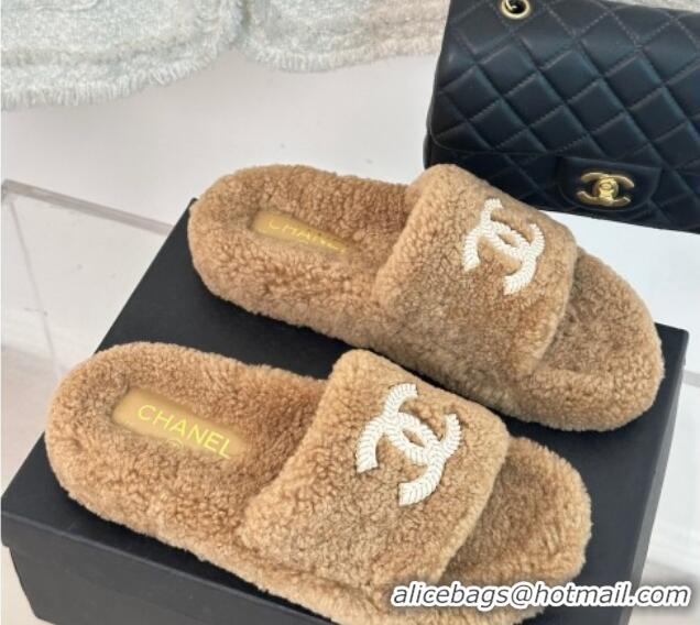 AAAAA Chanel CC Wool Flat Slide Sandals Brown 801053