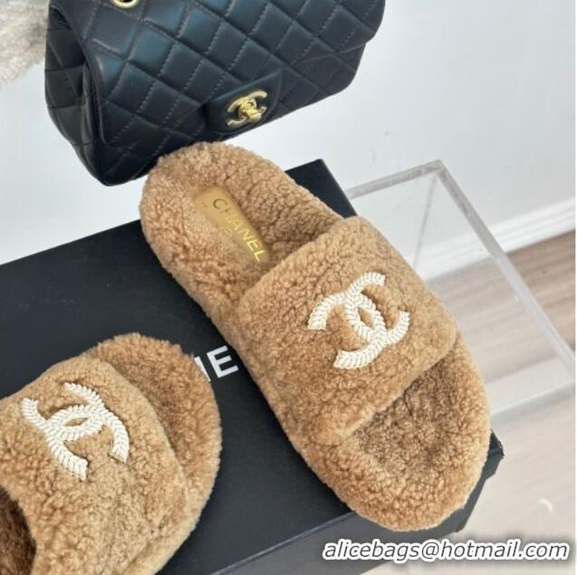 AAAAA Chanel CC Wool Flat Slide Sandals Brown 801053