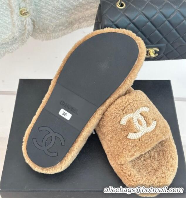 AAAAA Chanel CC Wool Flat Slide Sandals Brown 801053