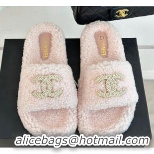 Duplicate Chanel CC Wool Flat Slide Sandals Light Pink 801054