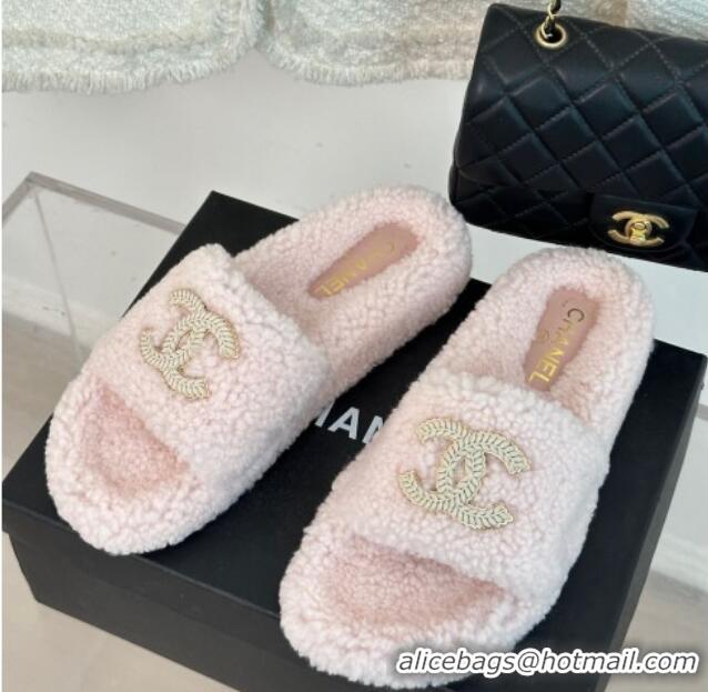 Duplicate Chanel CC Wool Flat Slide Sandals Light Pink 801054