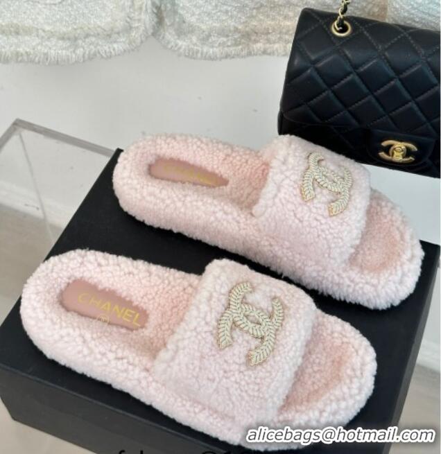 Duplicate Chanel CC Wool Flat Slide Sandals Light Pink 801054