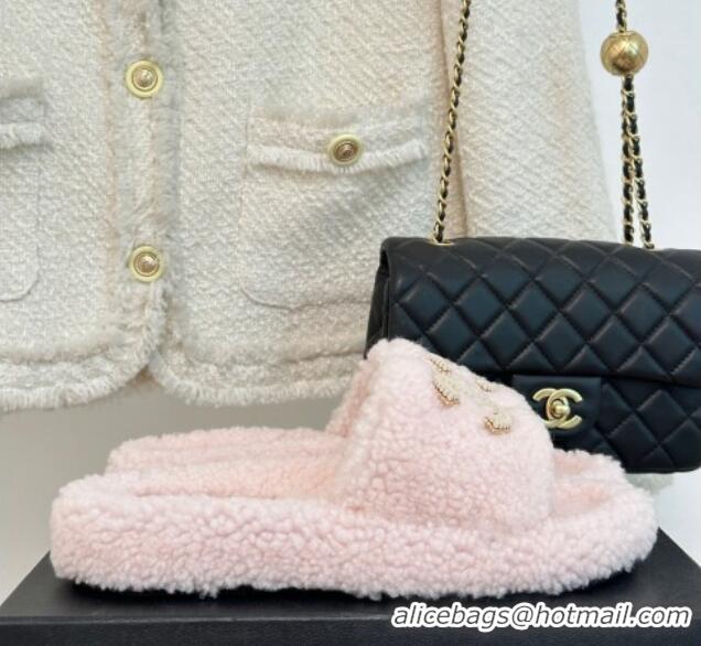 Duplicate Chanel CC Wool Flat Slide Sandals Light Pink 801054