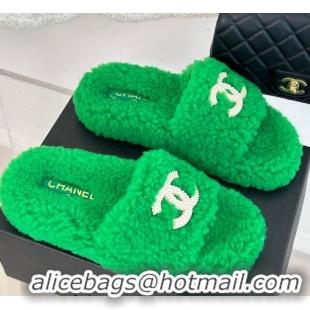 Super Quality Chanel CC Wool Flat Slide Sandals Green 801055