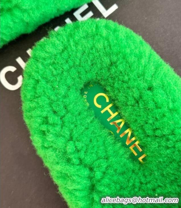 Super Quality Chanel CC Wool Flat Slide Sandals Green 801055