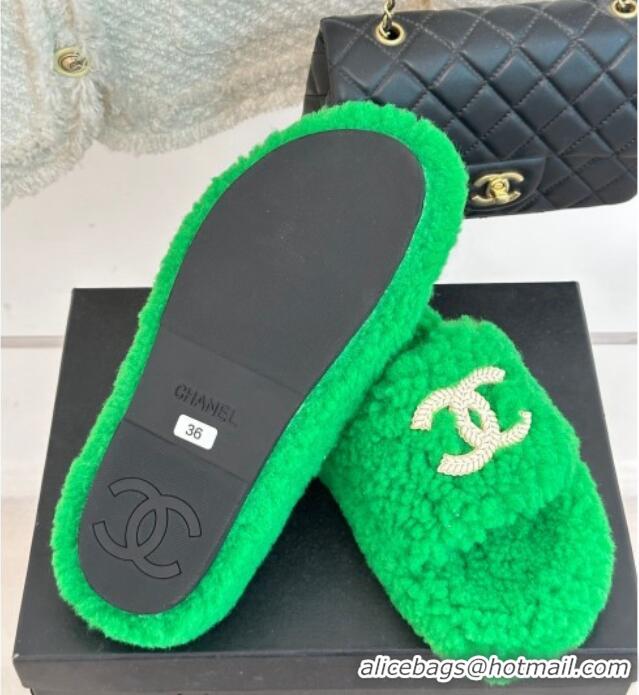 Super Quality Chanel CC Wool Flat Slide Sandals Green 801055