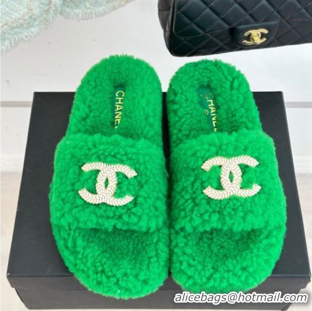 Super Quality Chanel CC Wool Flat Slide Sandals Green 801055