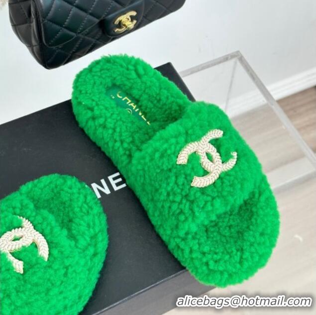 Super Quality Chanel CC Wool Flat Slide Sandals Green 801055