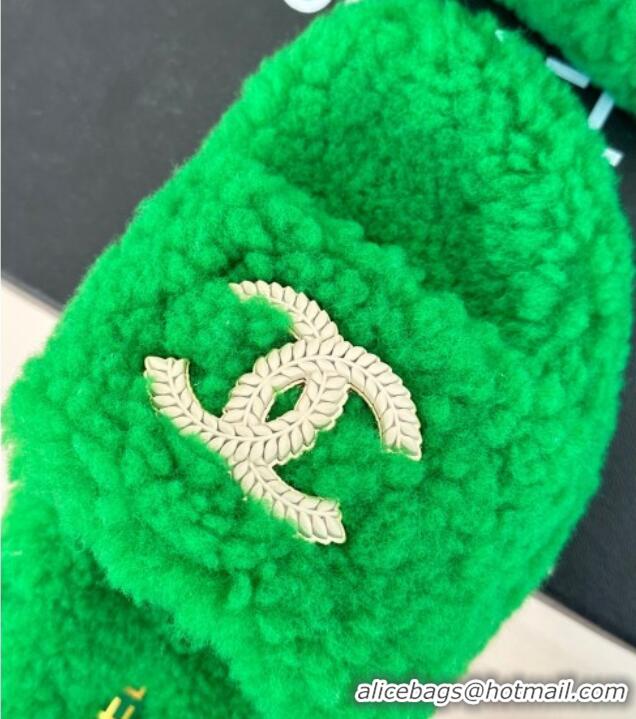 Super Quality Chanel CC Wool Flat Slide Sandals Green 801055