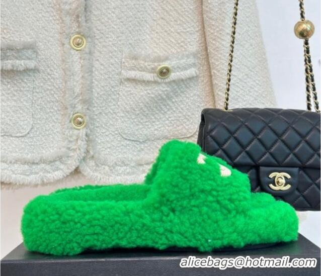 Super Quality Chanel CC Wool Flat Slide Sandals Green 801055